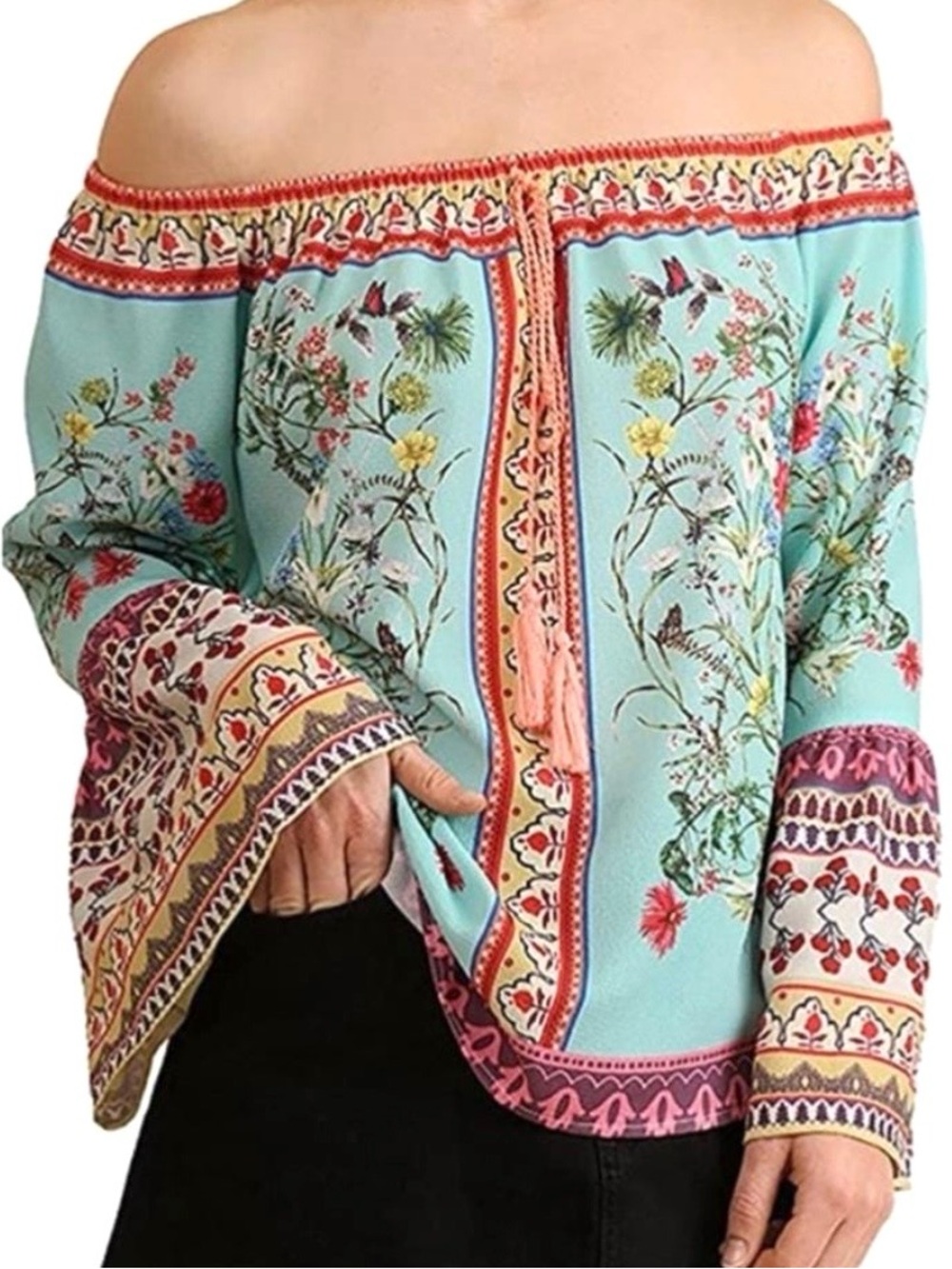 Umgee Women’s Off-Shoulder Floral Blouse in Aqua with Coral Tassell Sz Small